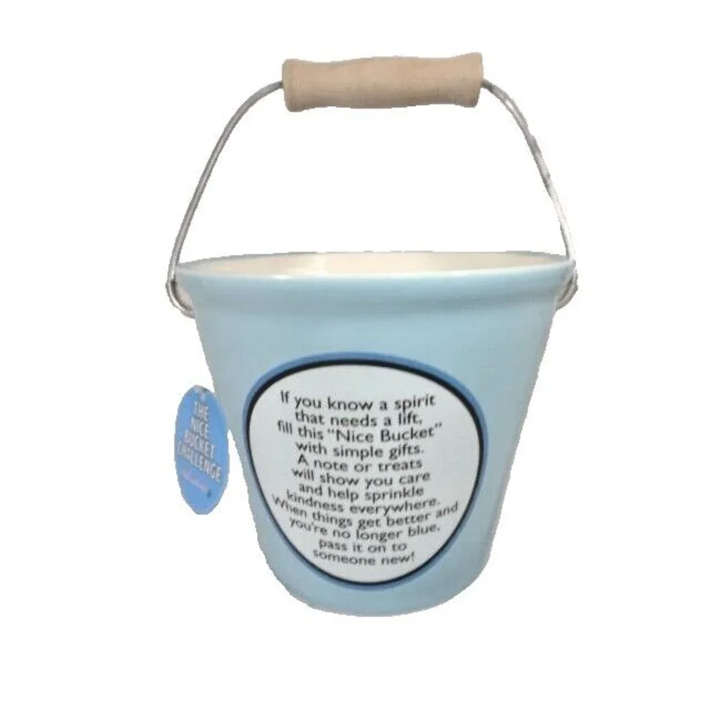 Our Name is Mud PASS THE BUCKET Pay it Forward Blue Ceramic Bowl Wood Handle